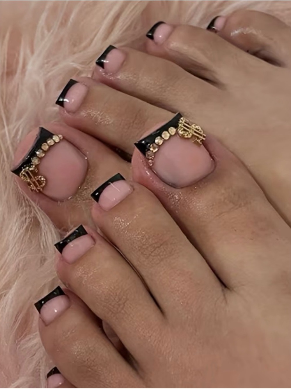 Black French Tip Pedicure Kit with Gold Nail Charms